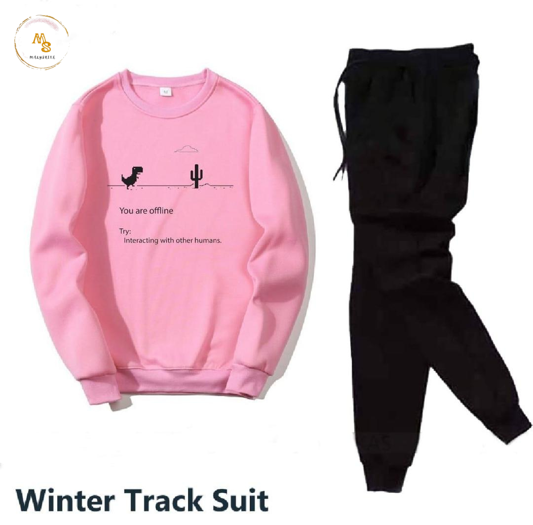 2 Pcs Women’s Stitched Fleece Printed Sweatshirt Tracksuit – Pink
